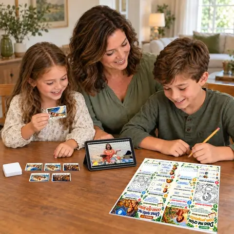 Mãe com os filhos aproveitando os materiais do kit